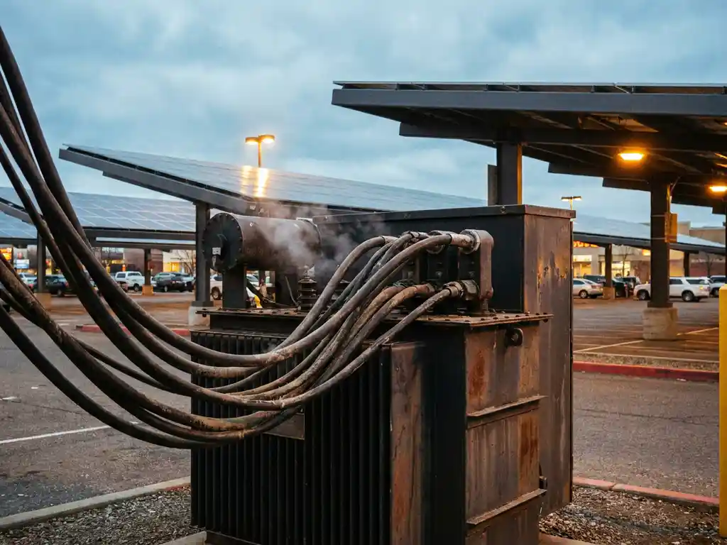Overbelaste elektrische transformator op parkeerterrein met zonnepanelen op carportstructuren en gespannen dikke kabelbundels.