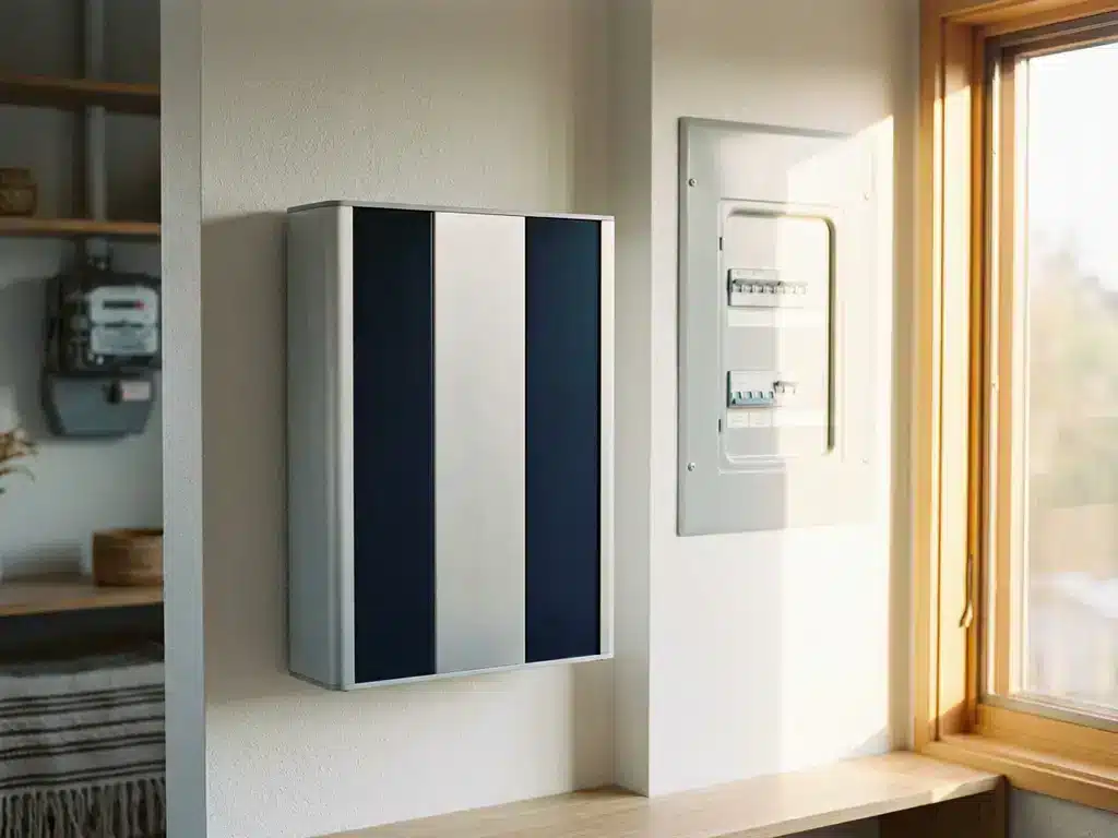 Thuisbatterij gemonteerd op witte muur naast modern elektriciteitspaneel, met warm middagzonlicht en zachte achtergrondvervaging.