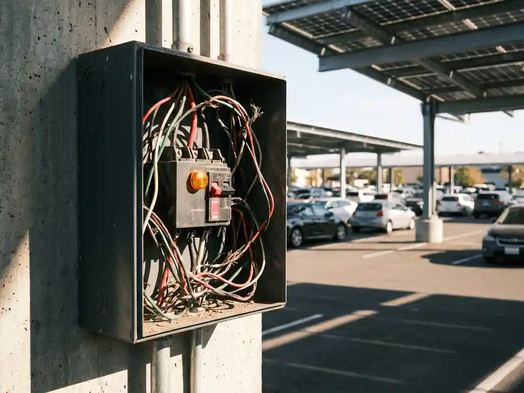 Overbelaste elektrische verdeelkast met uitgeschakelde stroomonderbreker op betonnen muur naast zonnepaneel carport.
