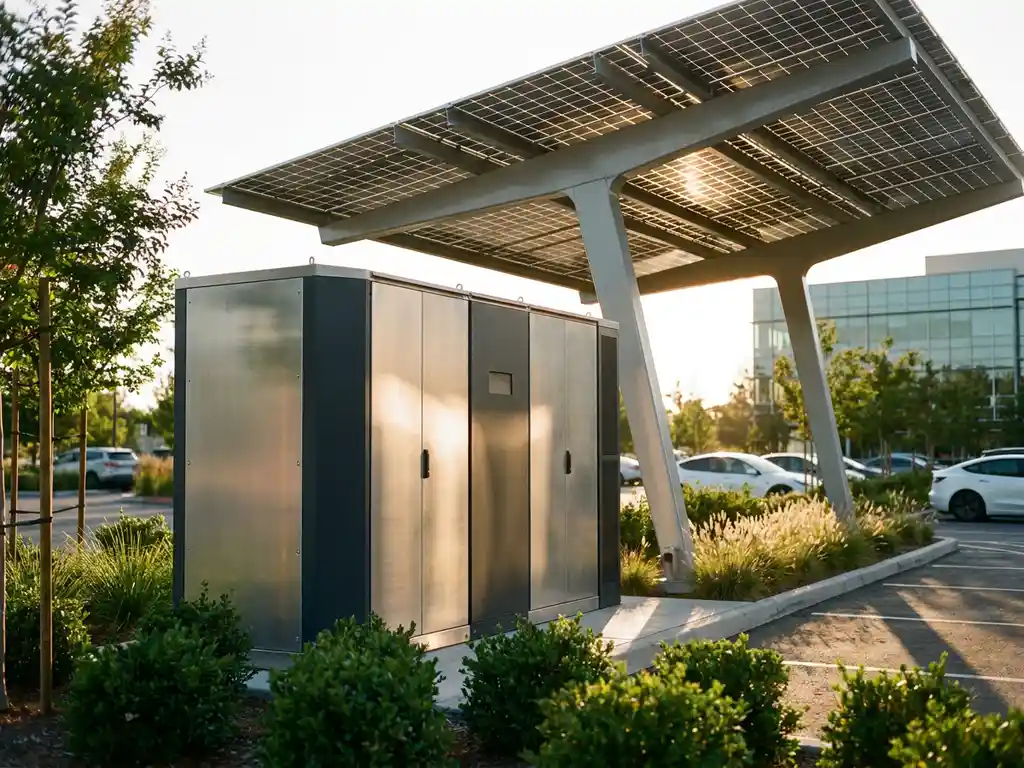 Industriële batterijopslag naast een zonnecarporten op een modern bedrijventerrein, met fotovoltaïsche panelen in middagzon.