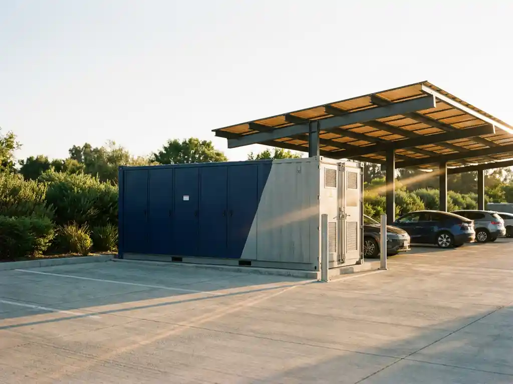 Industriële batterijopslag naast een zonnepaneel carport op een modern bedrijventerrein tijdens het gouden uur.