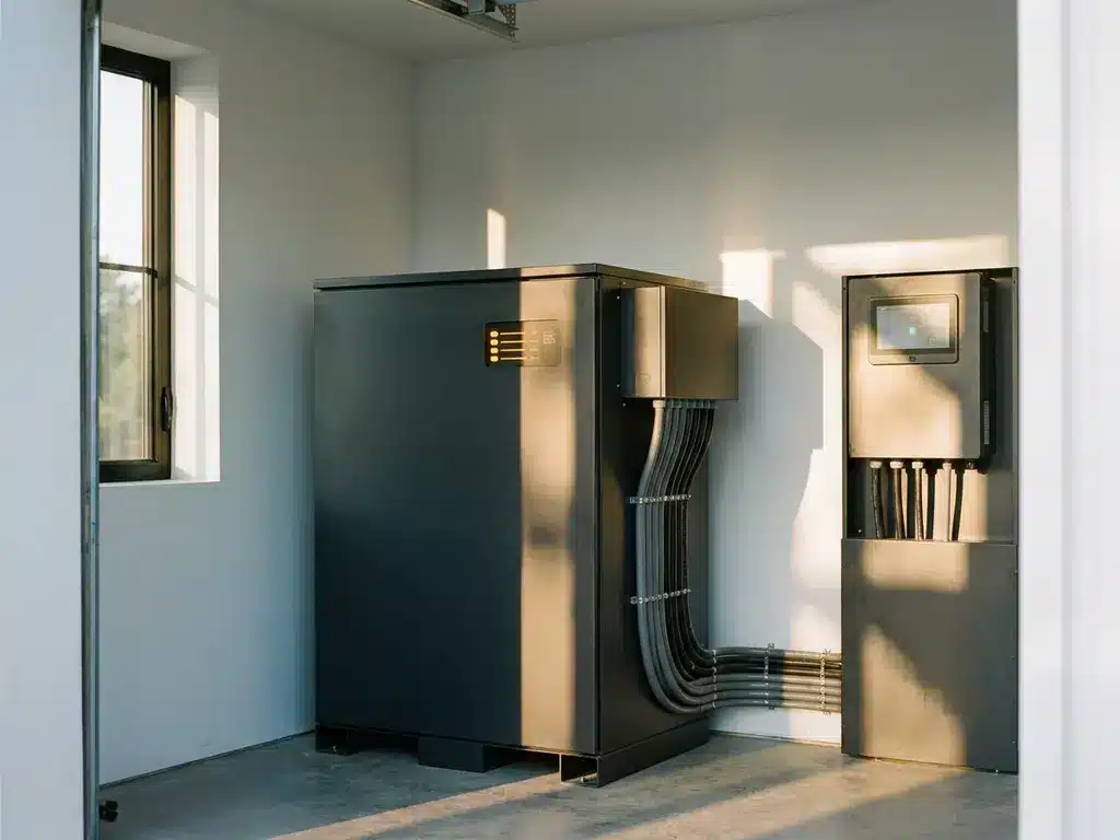 Grote industriële thuisbatterij naast zonnepanelen-monitorpaneel in moderne technische ruimte, zonlicht door smal raam.