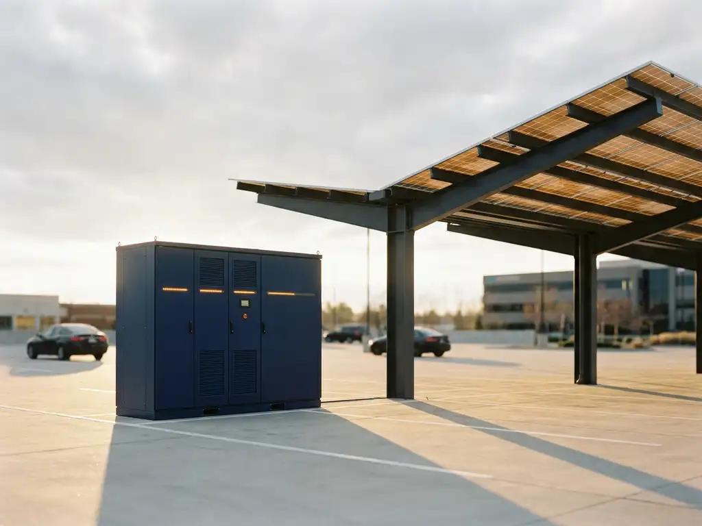 Industriële batterijopslag naast een zonnecarporten op een bedrijvenparkeerplaats, met warme middagschaduwen op het beton.