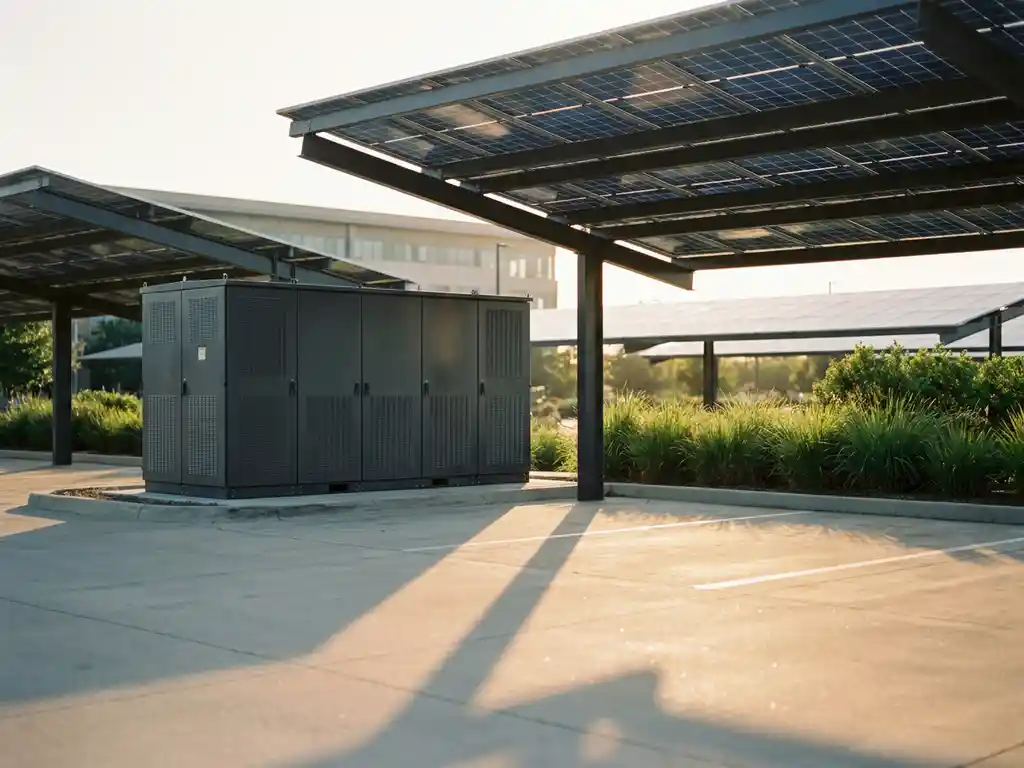 Industriële batterijopslag naast een zonnepaneel carport op een bedrijventerrein, verlicht door warm middagzonlicht.