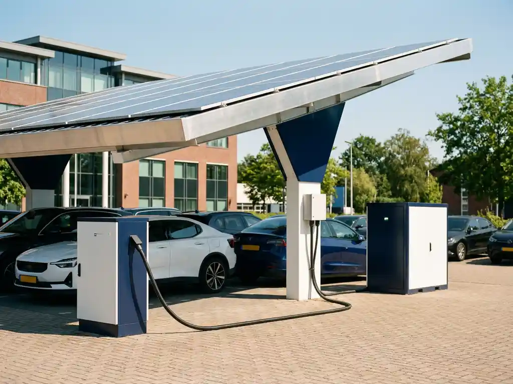 Zonnepanelen carport boven geparkeerde auto's op Nederlands bedrijventerrein, met kabel naar batterijopslag op de grond.
