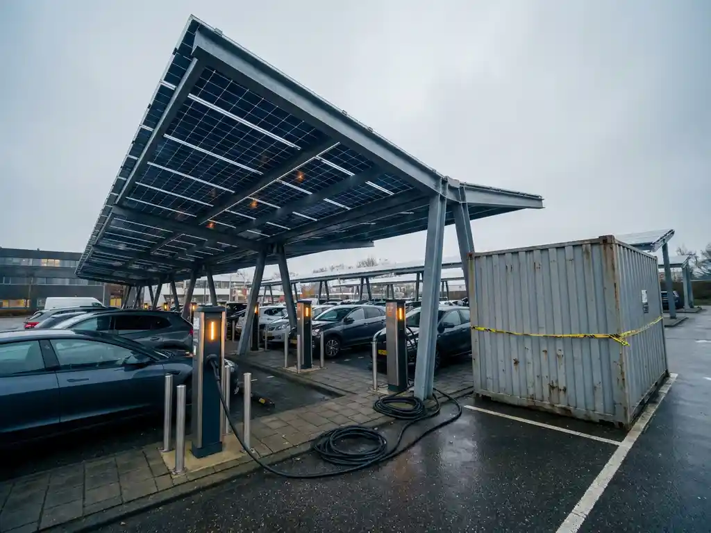 Zonneoverkapping boven bedrijfsparkeerplaats met EV-laadpalen en lossgekoppelde kabels naar een batterijopslagsysteem onder bewolkte lucht.