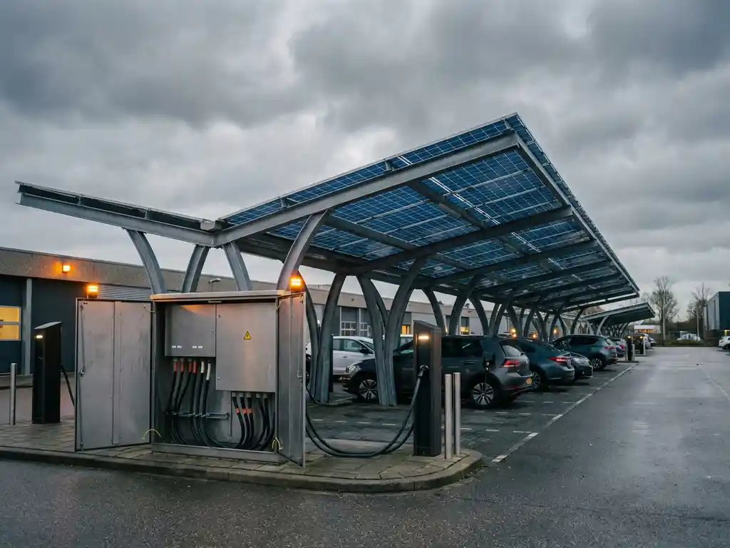 Zonnepanelen carport boven bedrijfsparkeerplaats met elektrische laadpalen en zichtbaar kabelbeheer bij een distributiepaneel, bewolkte Nederlandse lucht.