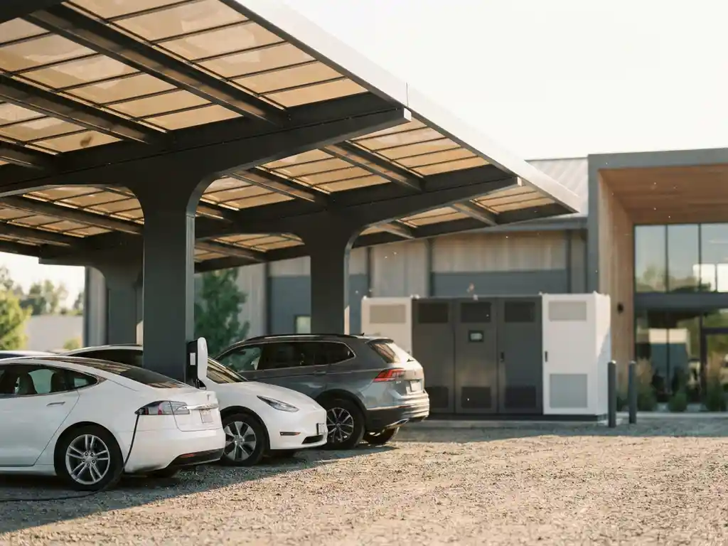 Zonnepanelen carport boven bedrijfsparkeerplaats met elektrisch voertuig dat oplaadt en batterijopslag op de achtergrond.