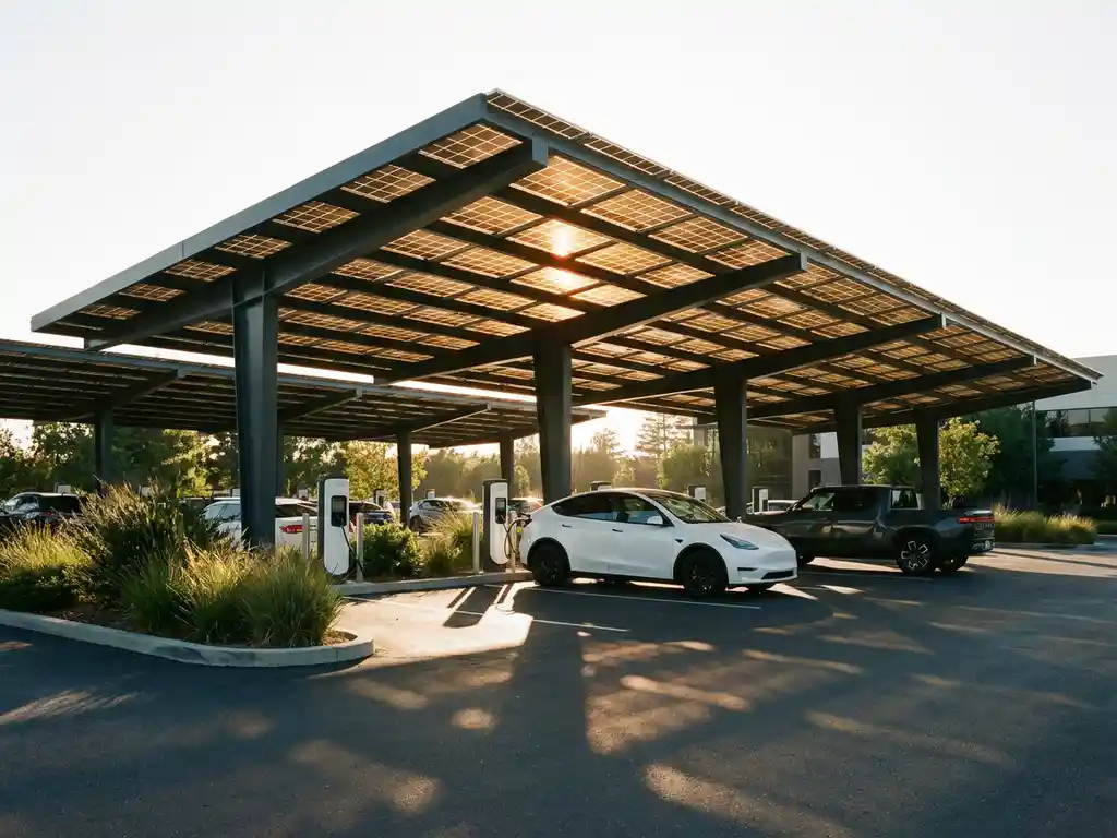 Elektrisch voertuig dat oplaadt onder een zonnepanelen carport in een bedrijfsparkeerplaats, met gouden middaglicht.