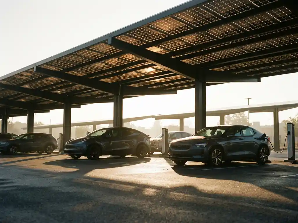 Zonnepanelen carport boven bedrijfsparkeerplaats met ladende elektrische voertuigen in warm ochtendlicht.