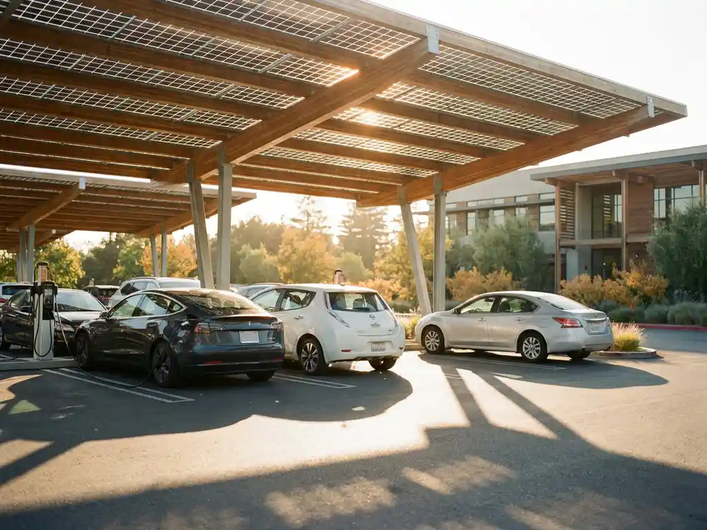 Zonnepanelen carport boven bedrijfsparkeerplaats met meerdere ladende elektrische voertuigen in warm middaglicht.