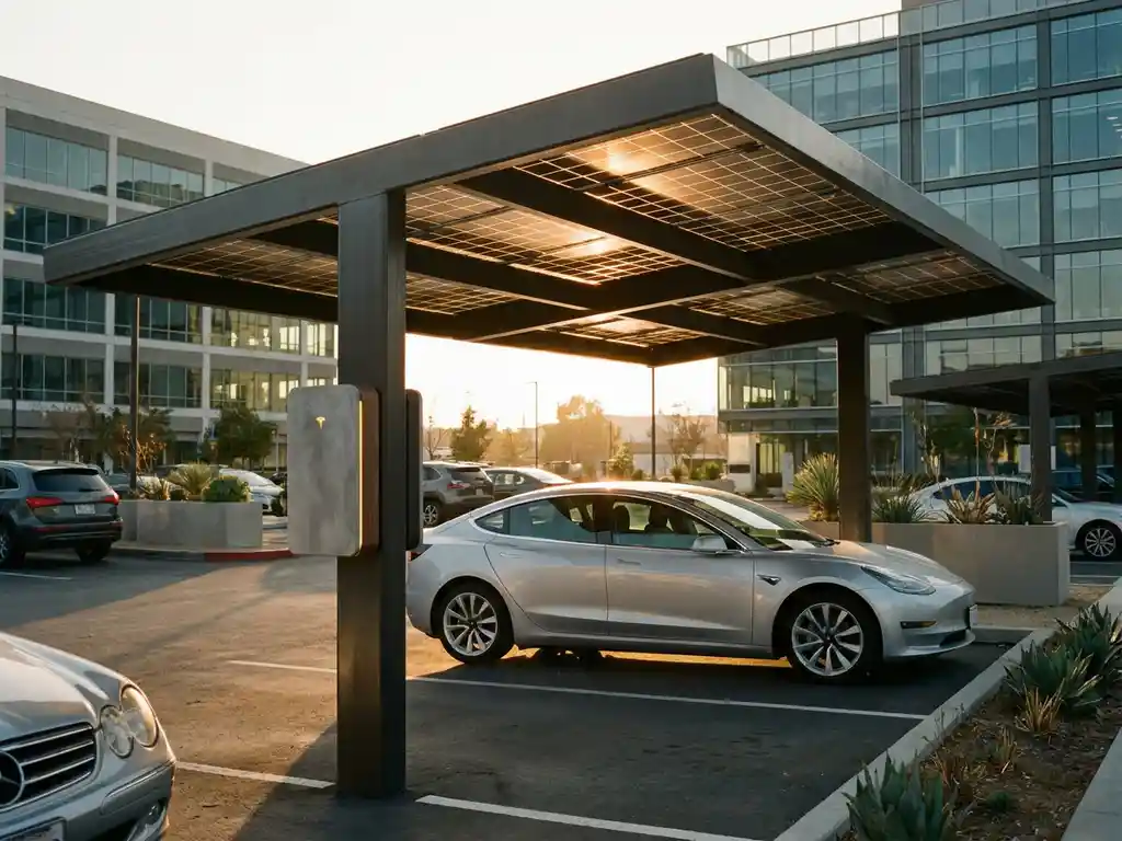Elektrische auto onder zonnepanelen carport op bedrijfsparkeerplaats, met batterijopslag aan muur en gouden middaglicht.