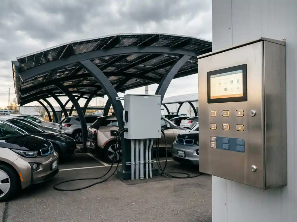 Slim energiebeheerpaneel naast een zonnecarporten met elektrische voertuigen die opladen onder fotovoltaïsche panelen.