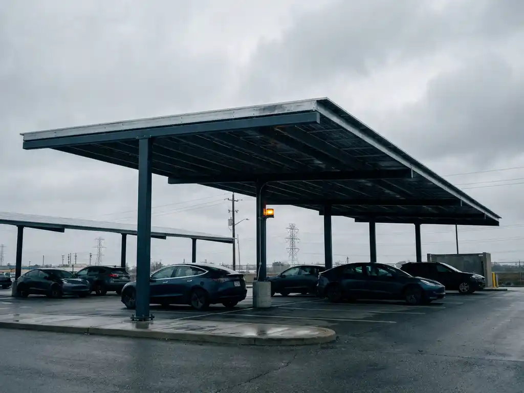 Zonnepanelen carport boven parkeerplaats van bedrijf, bewolkte lucht en amber waarschuwingslicht op nabijgelegen nutsmast.