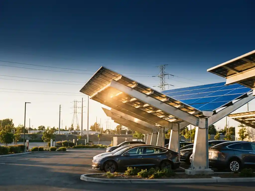 Zonnepanelen carport boven geparkeerde auto's op bedrijventerrein, fotovoltaïsche panelen in middagzon met hoogspanningslijnen op achtergrond.