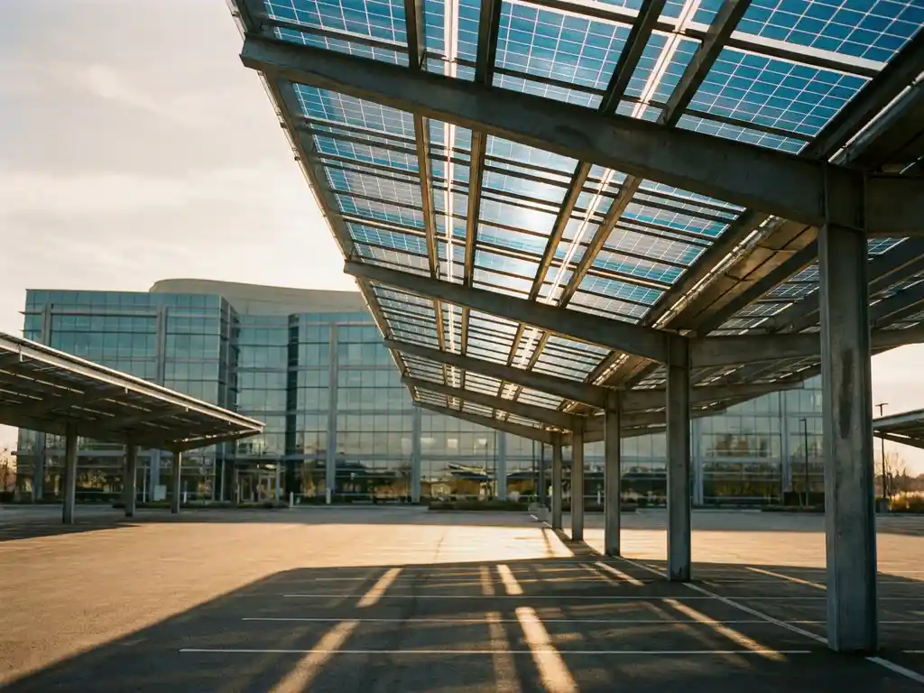 Zonnepanelen carport werpt geometrische schaduwen op leeg bedrijfsparkeerterrein, glazen kantoorgebouw op de achtergrond.