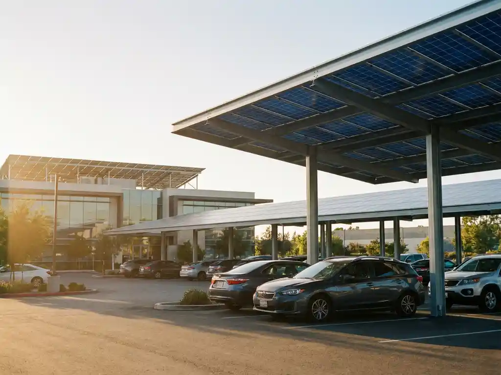 Zonnepanelen carport beschermt geparkeerde auto's op bedrijfsparkeerplaats, met rooftop zonnepanelen op kantoorgebouw op achtergrond.