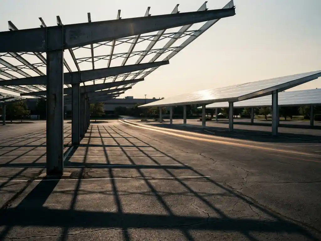Onafgewerkte stalen overkapping voor zonnepanelen op bedrijfsparkeerplaats, met concurrerende voltooide zonnepanelen op achtergrond.