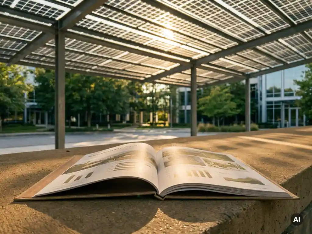 Open duurzaamheidsrapport op beton onder zonnepanelen carport, geometrische schaduwen van fotovoltaïsche panelen, groene bedrijfscampus op achtergrond.