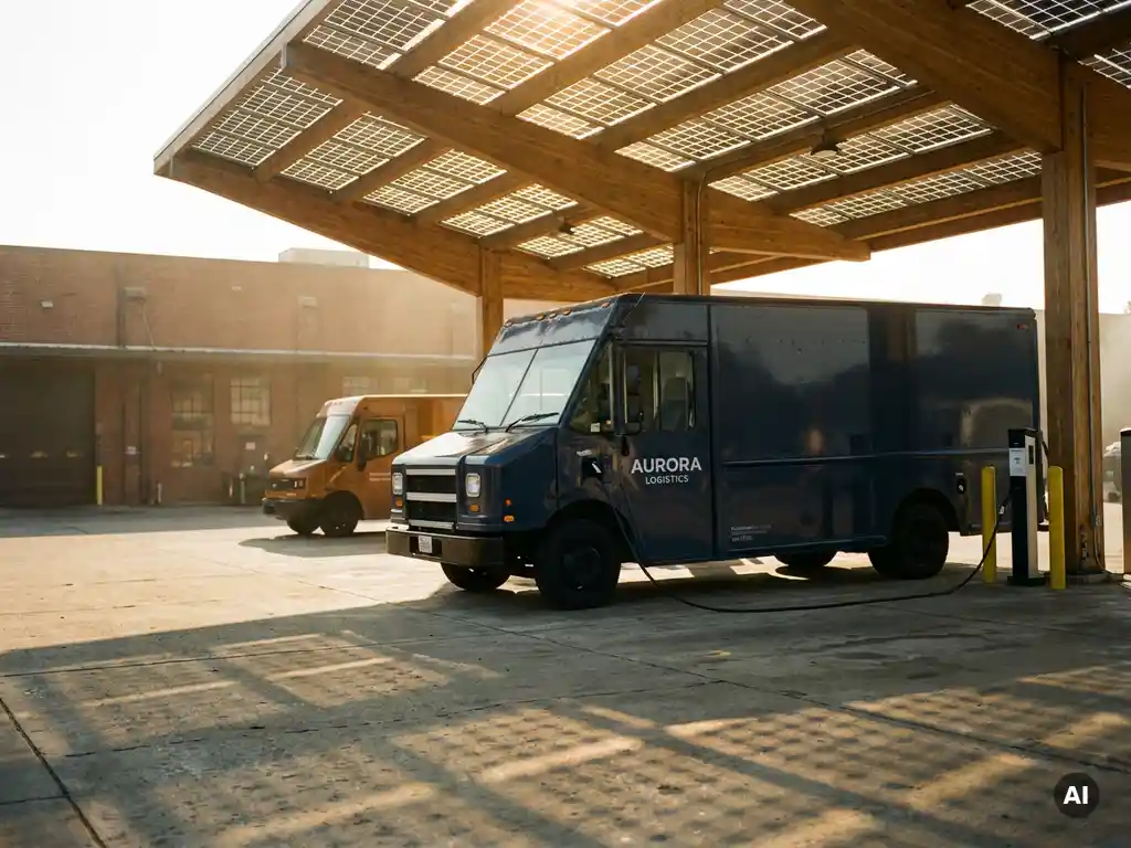 Elektrische logistieke truck aangesloten op laadstation onder zonnepanelen carport, geometrische schaduwen op beton, tweede elektrische bestelbus op achtergrond.