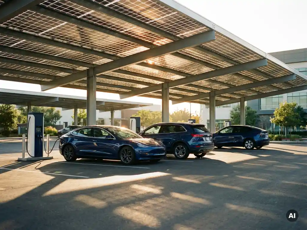Zonnepanelen carport boven rij elektrische voertuigen bij laadpalen op modern bedrijventerrein, gouden zonlicht door fotovoltaïsche panelen.