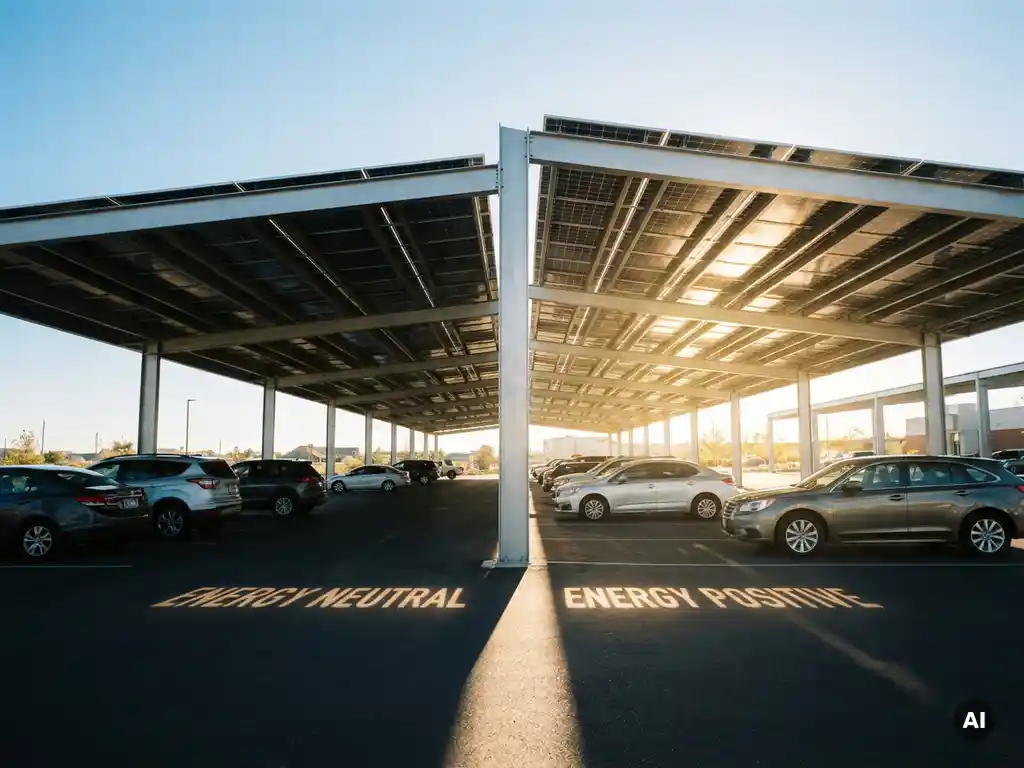 Zonnepanelen carport boven verlichte parkeerplaats, stalen constructie met fotovoltaïsche panelen in felle middagzon, heldere blauwe lucht op de achtergrond.
