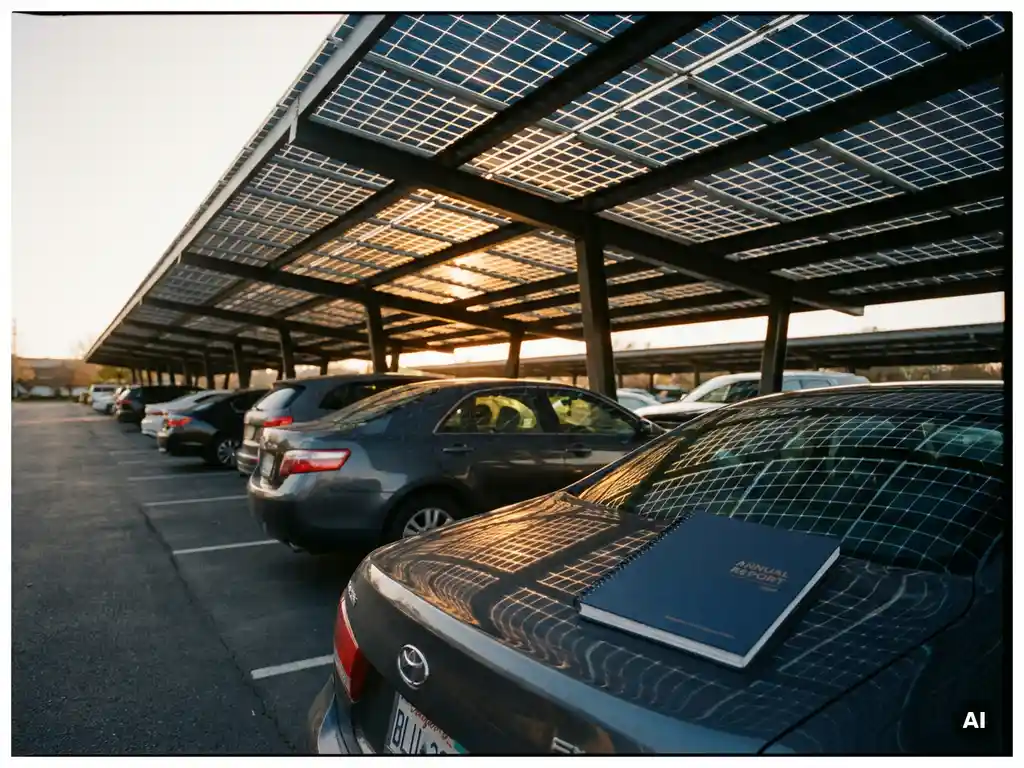 Zonnepanelen carport boven bedrijfsparkeerplaats met geometrische schaduwen op auto's en jaarverslag op motorkap.