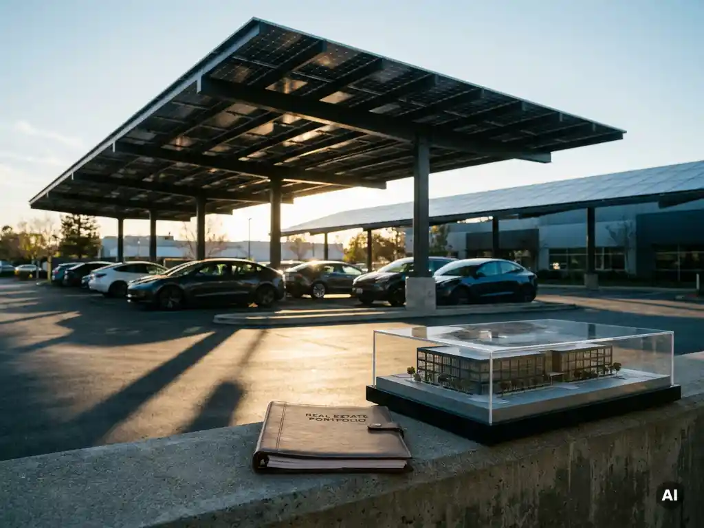 Zonnecarport met fotovoltaïsche panelen boven bedrijfsparkeerplaats, met vastgoeddocument en architectuurmaquette op betonnen ondergrond.