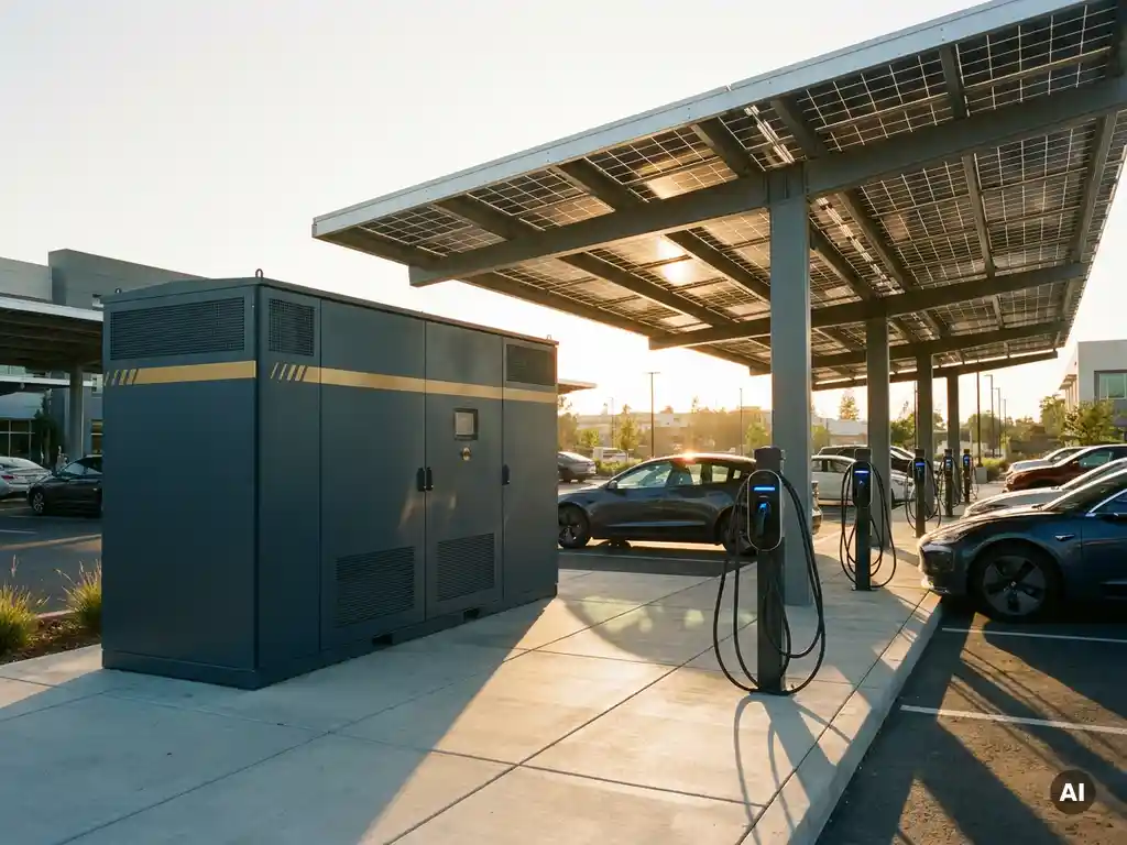 Industriële batterijopslag naast een zonnepaneel carport op een bedrijvenparkeerplaats met EV-laadpalen in gouden middaglicht.