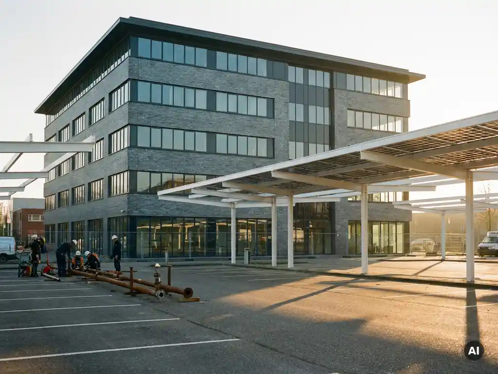 Nederlands commercieel gebouw met zonnepaneel carport in parkeerplaats, vervanging van gasleidingen, gouden middagzon op witte panelen.