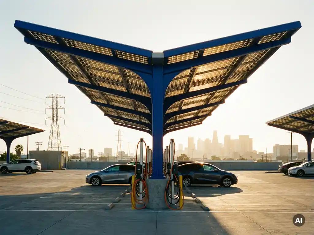 Zonnepanelen carport boven bedrijfsparkeerplaats met EV-laadkabels, gouden-uurlicht en stadshorizon op de achtergrond.