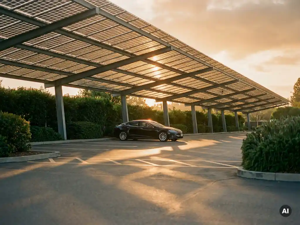 Zonnepanelen carport boven bedrijfsparkeerplaats met elektrisch voertuig, amberkleurig licht op asfalt, groene beplanting op achtergrond.