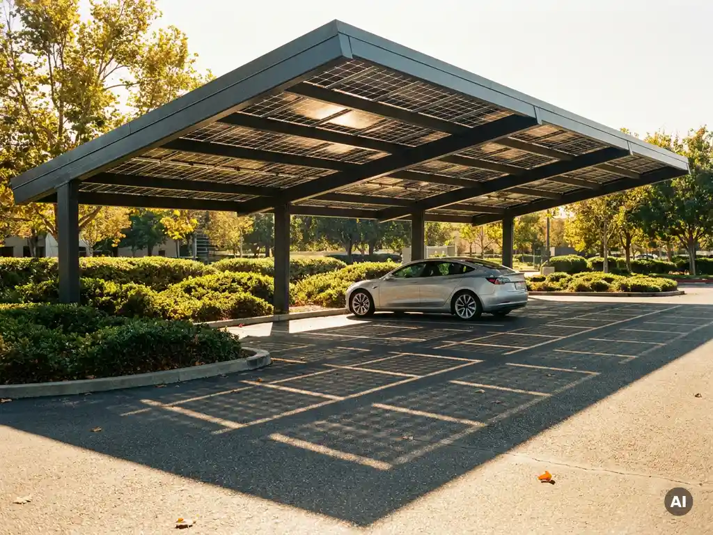 Elektrisch voertuig onder zonnepanelen van een moderne solar carport op een bedrijvenparkeerplaats, omgeven door groen.