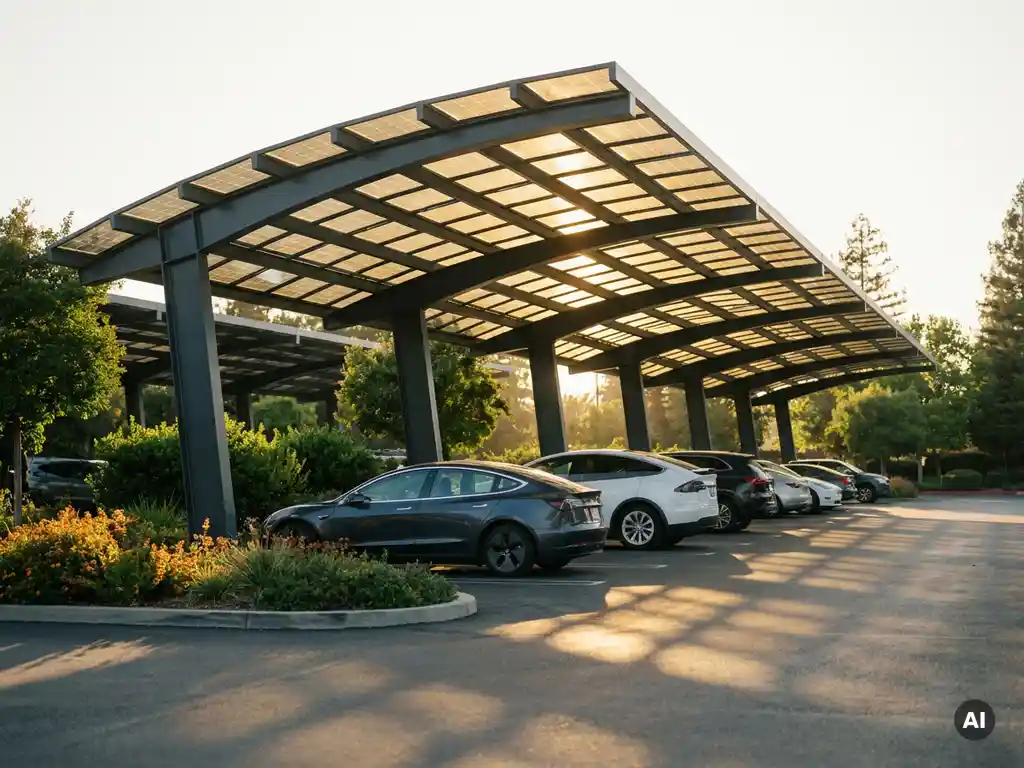 Zonnepanelen carport boven bedrijfsparkeerplaats met elektrische auto's, geometrische schaduwen op het asfalt tijdens gouden uursbelichting.
