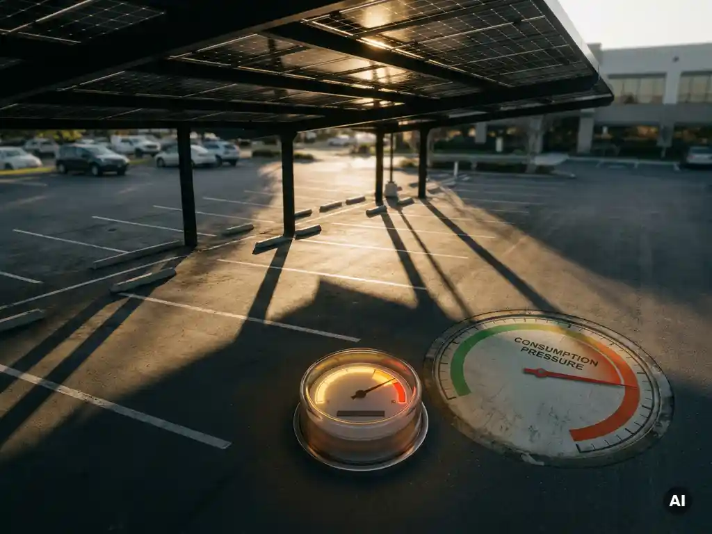 Zonnepanelen carport boven bedrijfsparkeerplaats met gloeiende energiemeter en duurzaamheidsmeter die richting rood wijst.