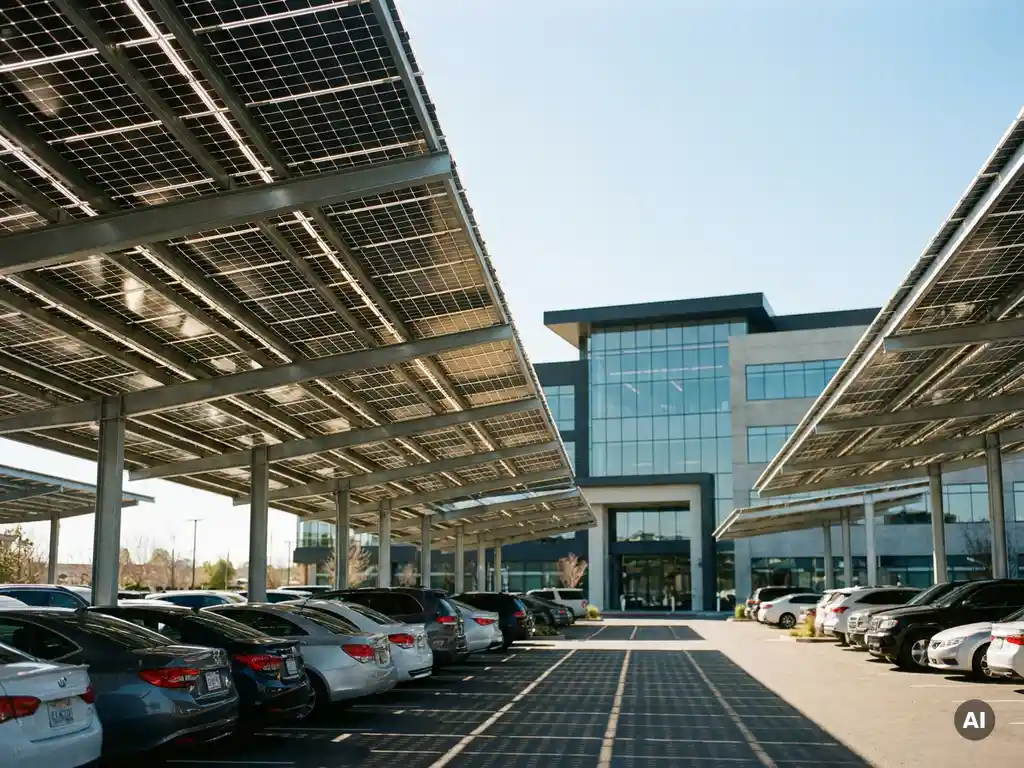Zonnepanelen carport boven bedrijfsparkeerplaats met auto's in de schaduw, geometrische schaduwen op het asfalt in fel middagzonlicht.