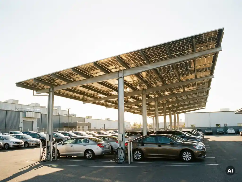 Zonnepanelen carport boven parkeerplaats van bedrijventerrein met geparkeerde auto's en zichtbare laadkabels in helder middagzonlicht.