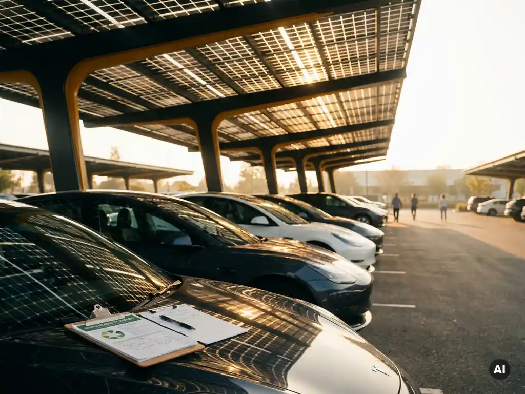 Zonnepanelen carport boven bedrijfsparkeerplaats met geometrische schaduwen op auto's en duurzaamheidsdocumenten op motorkap.