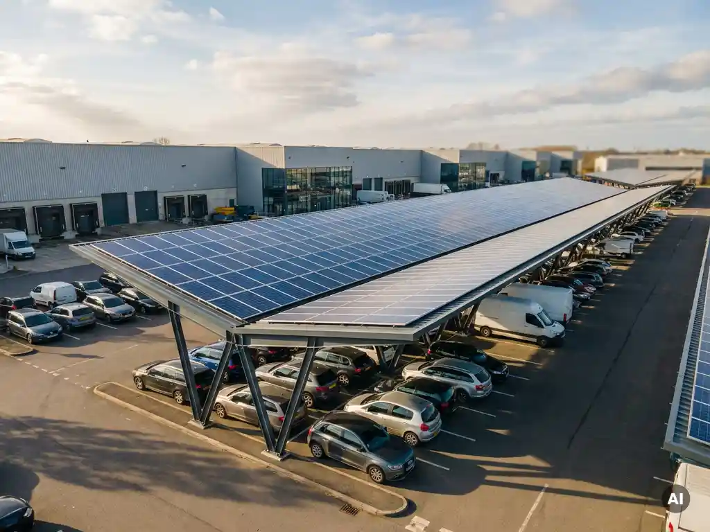 Zonnepanelen carport boven parkeerplaats van bedrijventerrein, met rijen geparkeerde auto's onder schuine fotovoltaïsche panelen.
