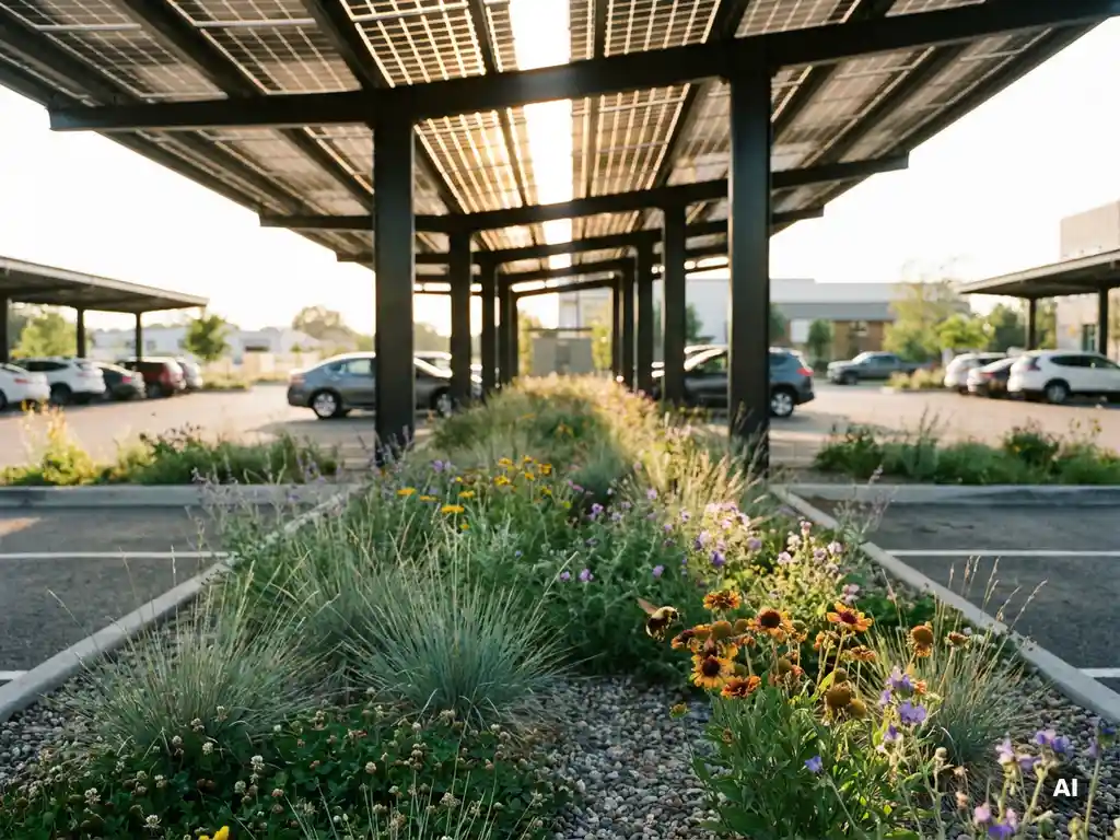 Zonnepanelen carport boven bedrijfsparkeerplaats met wilde bloemen, klaver en inheemse grassen, bij zweeft bij bloesem op de voorgrond.